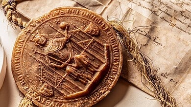 Vosková pečeť Karla IV. na dokumentu z 31. října 1354. Archiv Pražského hradu při Kanceláři prezidenta České republiky, Praha. © Eye-studio