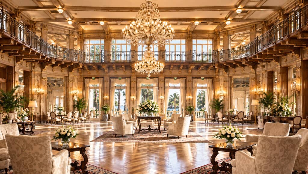 Grand Hôtel Des Bains On Lido Di Venezia: A Stellar Comeback In 2030 3 Historic grand salon of the Grand Hôtel des Bains. AI illustration.