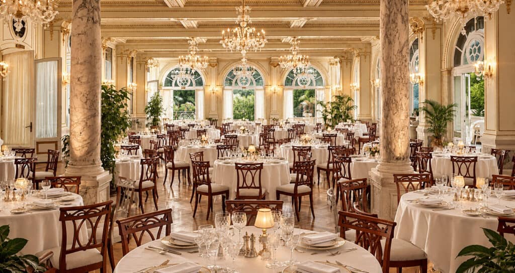 Grand Hôtel Des Bains On Lido Di Venezia: A Stellar Comeback In 2030 4 Historic dining room of the Grand Hôtel des Bains. AI illustration.